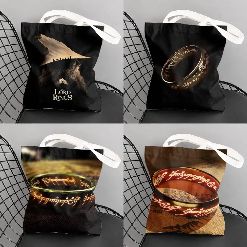 The L-Lord of the R-Rings Storage Bags Large Canvas Tote Bag Double-Sided Print Reusable Shoulder Handbag for Daily Shopping