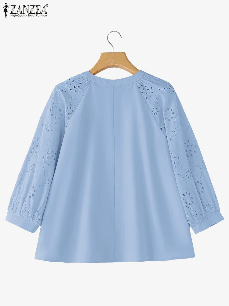 Vintage Lace Shirts Women Elegant OL Work Tunic Fashion Three Quarter Hollow Out Blusas 2025 ZANZEA Casual Loose O Neck Tops