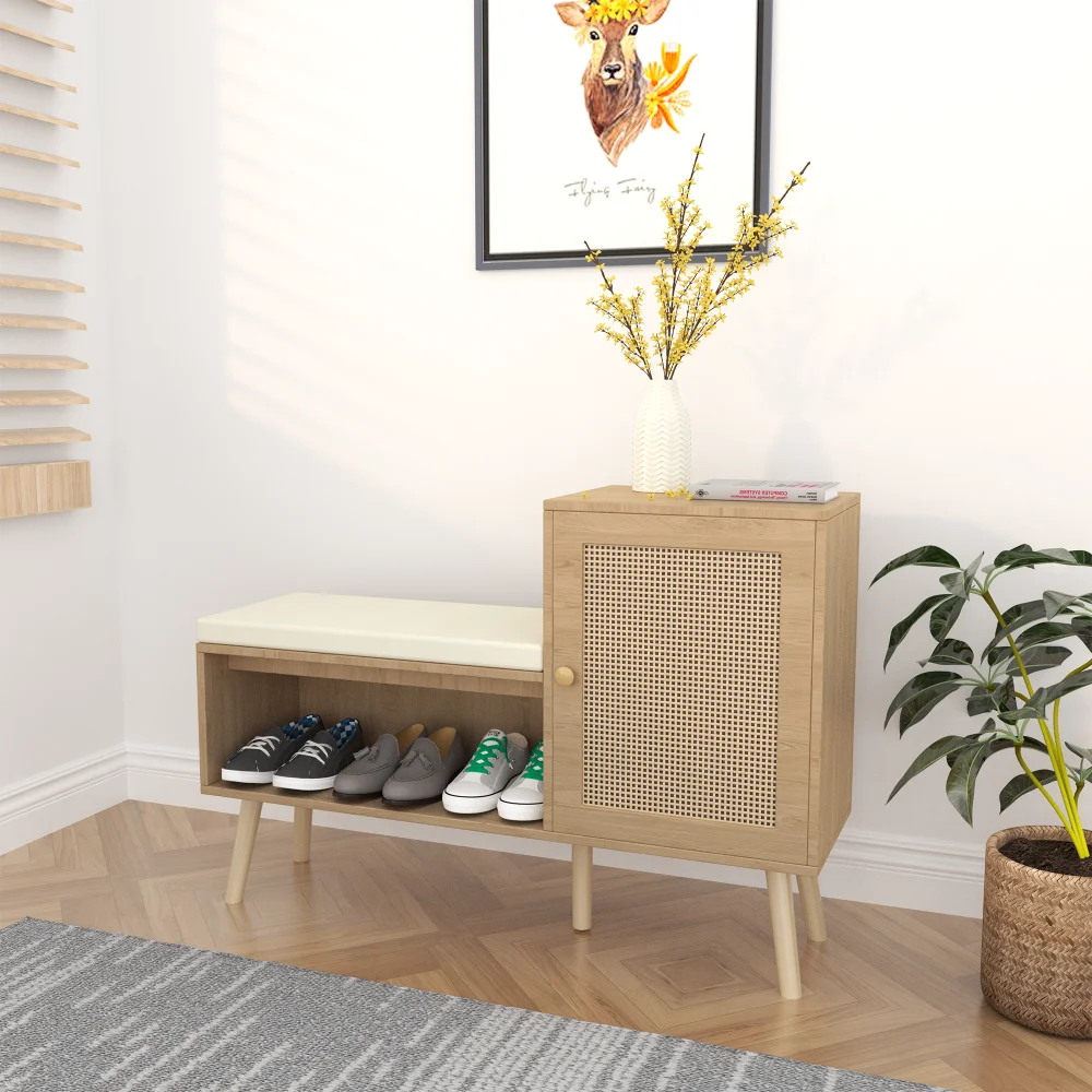 2-in-1 Shoe Storage Bench Natural Rattan Shoe Cabinet 2 Adjustable Shelves Removable Seat Cushion Modern Entryway Shoe Storage