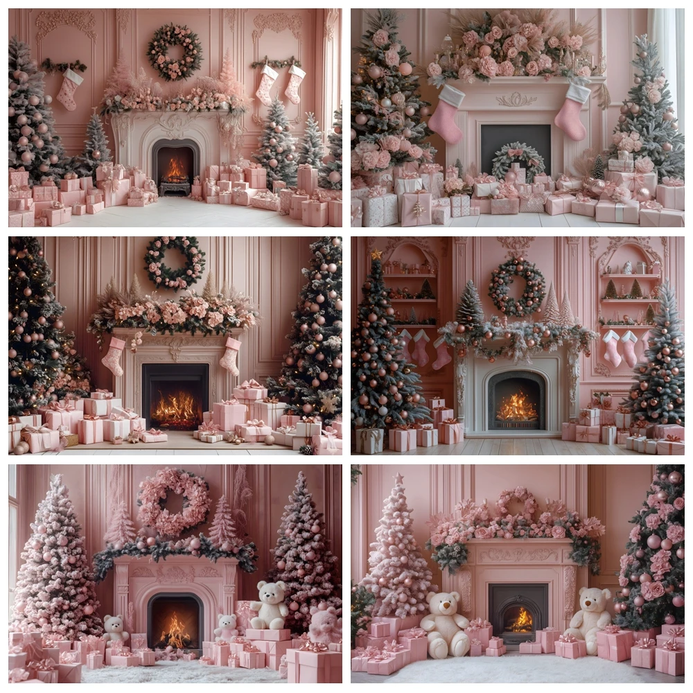 

Pink Christmas Fireplace Backdrop Xmas Tree Wreath Gift Bear Kids Portrait Family Party Christmas Photography Background Decor