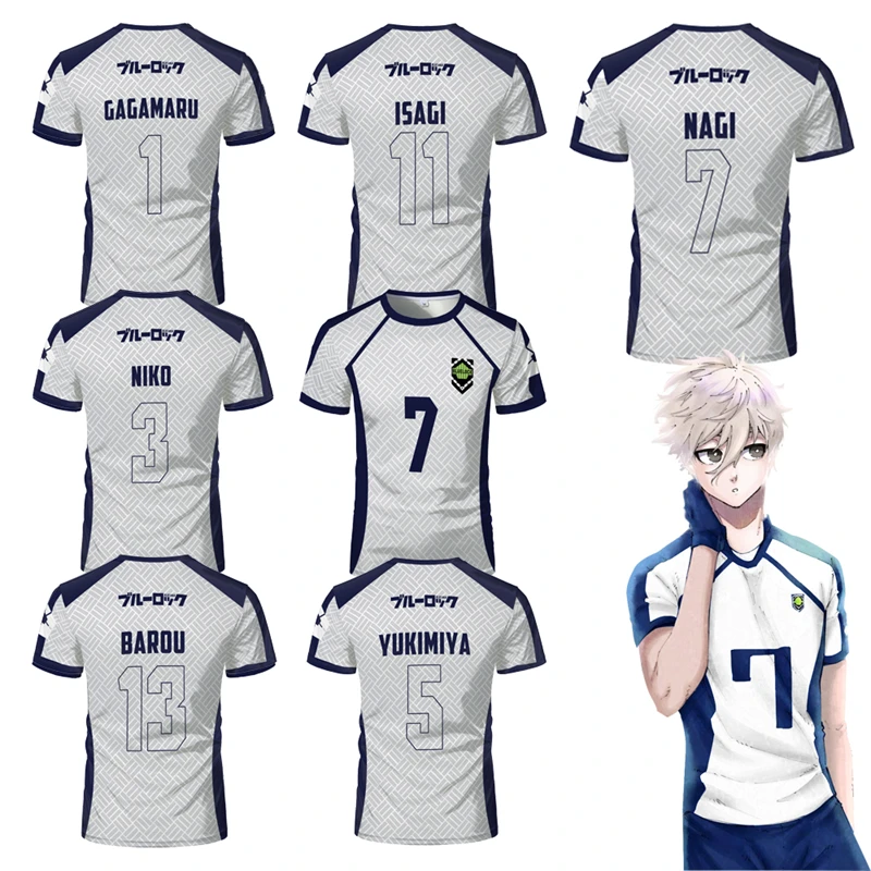 

2025 New Men's Blue Lock Anime Nagi Soccer Jersey T-shirt Women's Round Neck Sports Tops Children's Casual Short Sleeve Tshirt