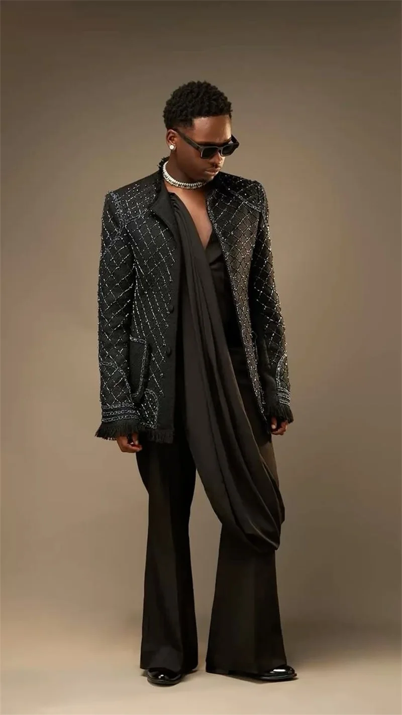 

Crystals Black Men Suit Set 2 Piece Wedding Tuxedo Jacket Blazer Pant Cotton Formal Office Business Party Coat Customized