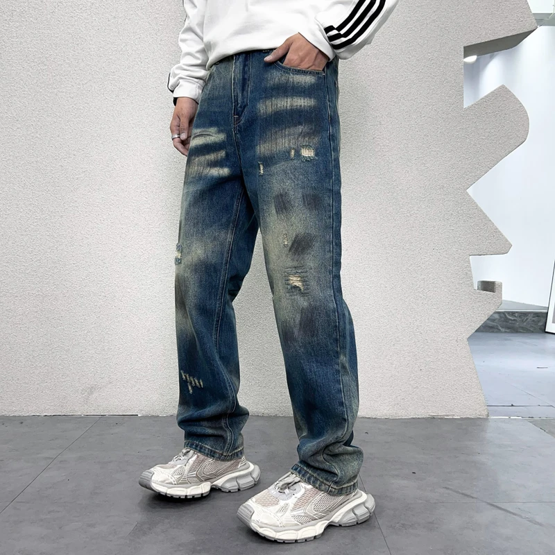 

New Fashion Men'S Jeans Designer Piercing Patch Loose Straight Tube Blue Washable Versatile Street Style Casual Denim Pants