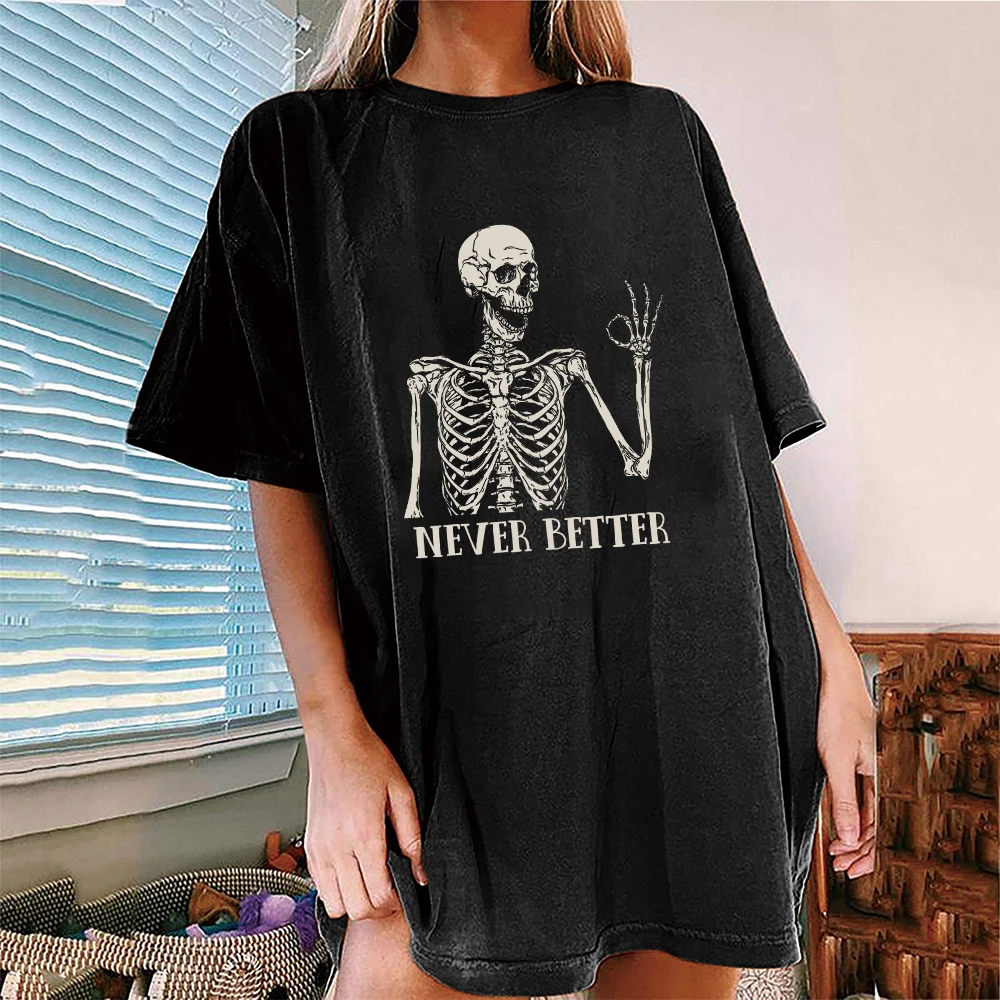 Halloween Drop Shoulder T-shirt Casual Vintage Never Better Skull Print Crew Neck Loose Short Sleeve Fashion Top Women Clothing