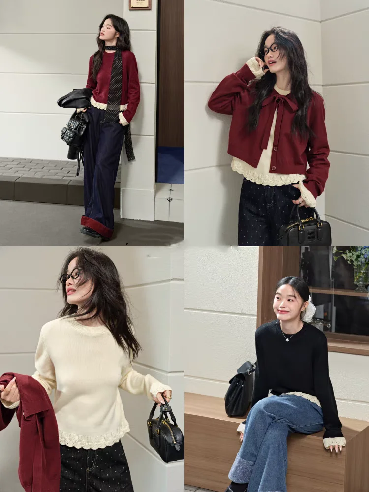 

Поддельный пуловер из двух предметов, женский свитер, свободный ажурный кружевной вязаный джемпер, топ