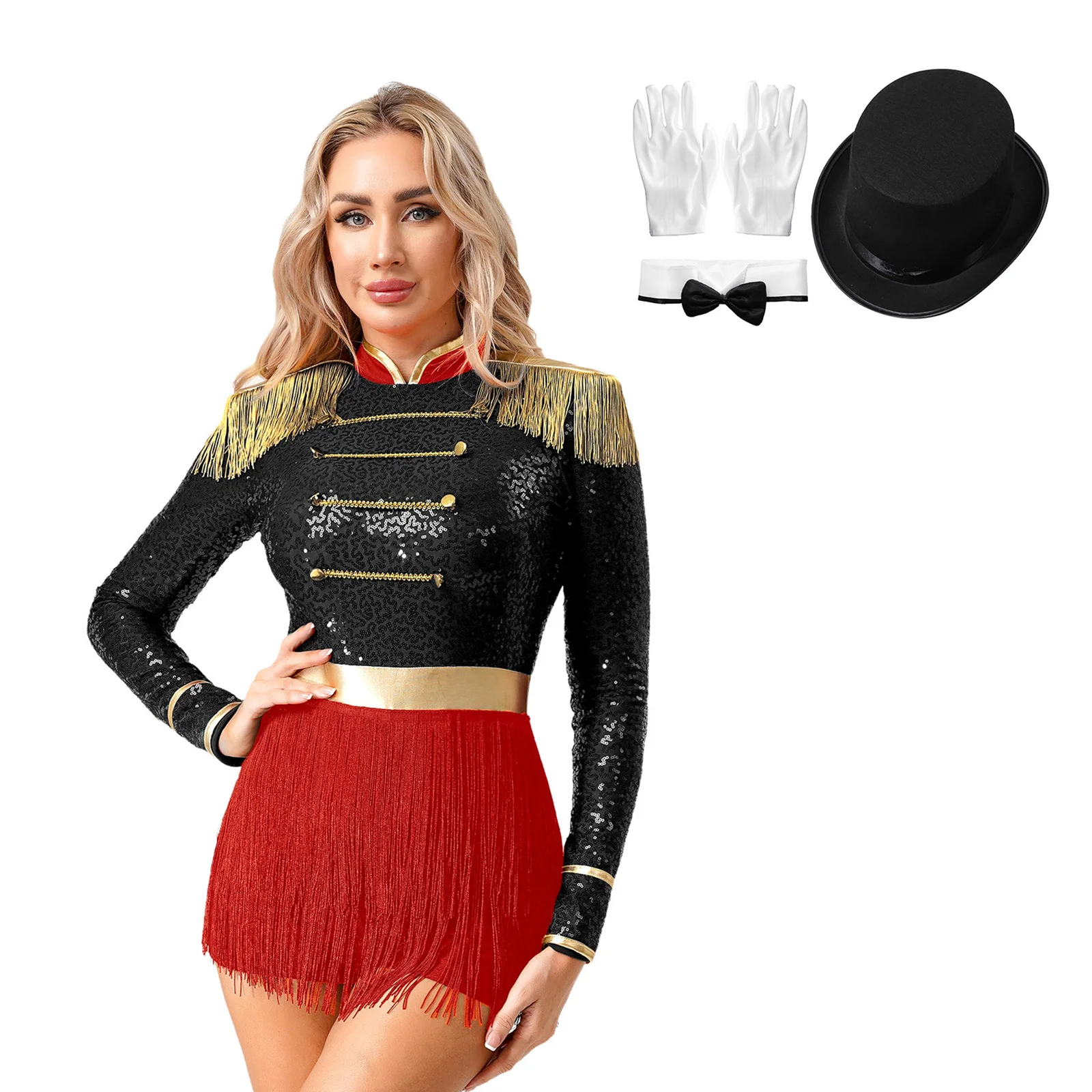 

Women Magician Ringmaster Performance Uniforms Sets Tiered Sequins Patchwork Bodysuit with Hat Bowtie And Gloves Cosplay Sets