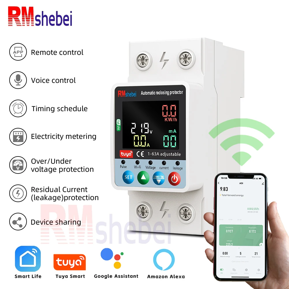 RMshebei Tuya Smart Home Switch 63A 2P MCB Circuit Breaker Overload WiFi 220V Voltage Protector Remote Control Din Metering