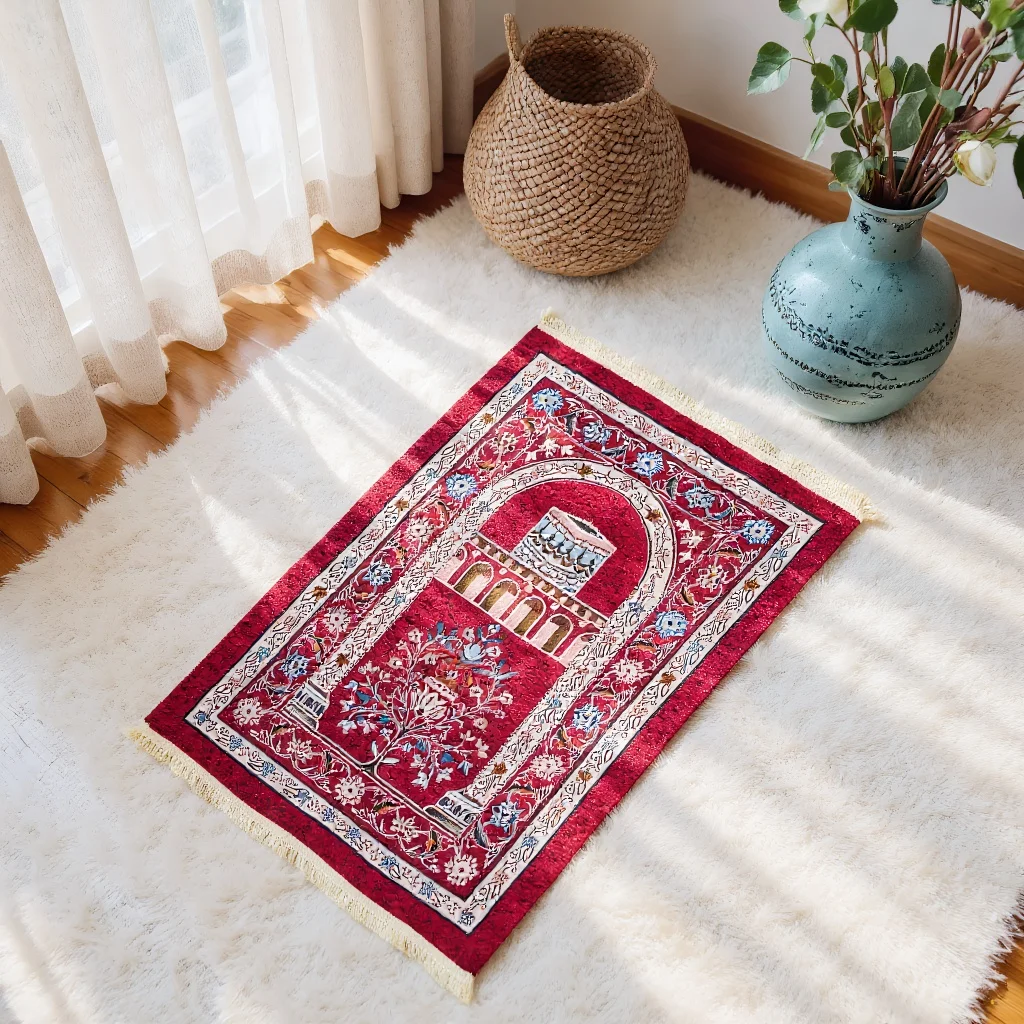 Ramadan Prayer Rug - Chenille Hajj Mat - Foldable & Machine Washable - Islamic Prayer Carpet