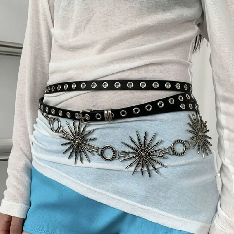 Punk Double Loop Thin Belt Retro Double Layer Waist Chain Rivet Eyelet Buckle Belts Adjustable High Quality PU Leather Belts