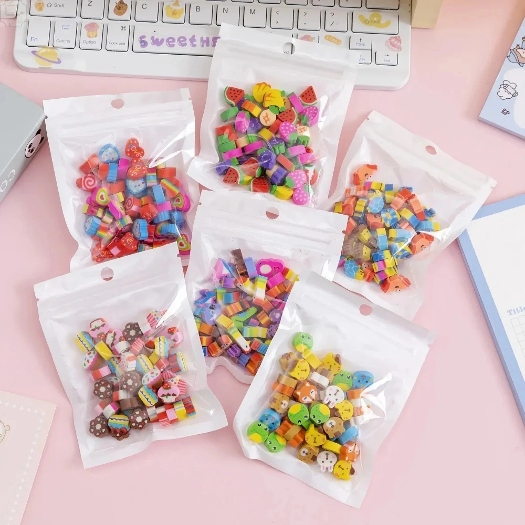 Mini Kawaii Cartoon Fruit Animal Erasers 100Pcs Cute Love Pencil Rubber Kids 61 Xmas Gift School Prize Party Favors