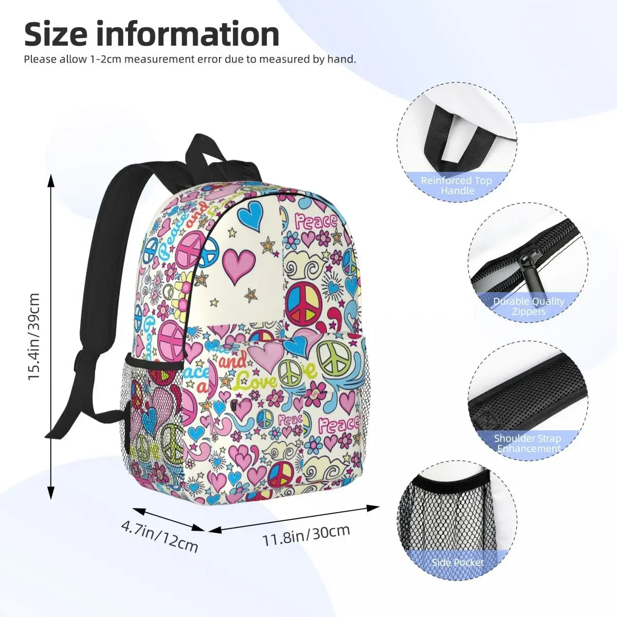 Peace and Love Cartoon School Bags for Children, Teenager Bookbag, Laptop Rucksack, Initiated Bag, Large Capacity