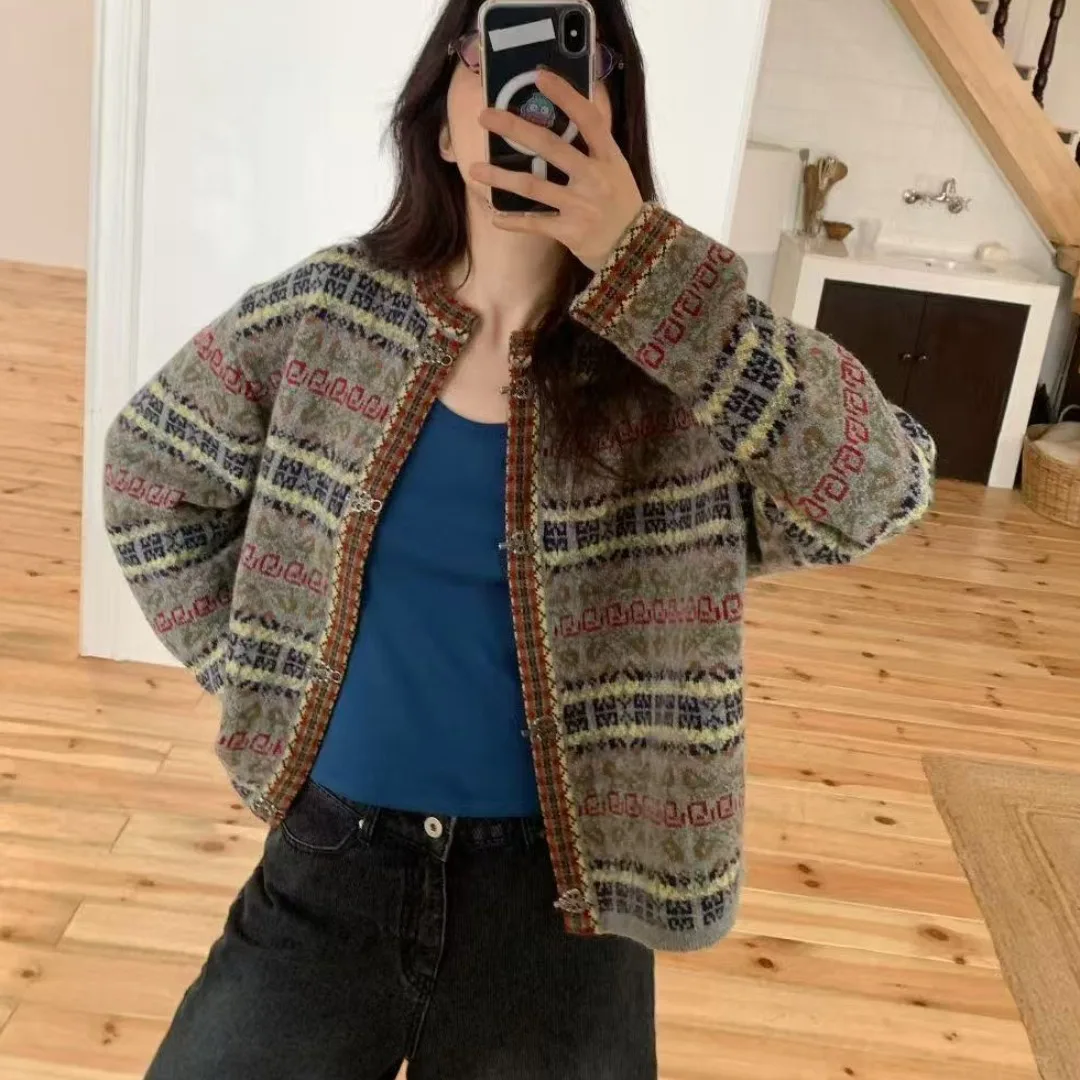

Women's Chic Heavyweight Knitted Island Vintage Sweater Coat Loose Thiened Embroidery Long Sve round Ne Top