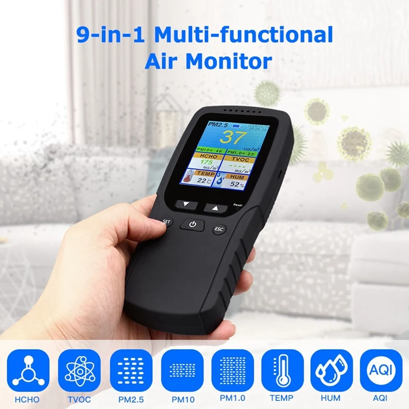 【CALIENTE】 Monitor de calidad del aire 4X 9 en 1 para interiores y exteriores PM2.5, PM1.0, PM10, HCHO, Detector Probador Sensor de temperatura y humedad
