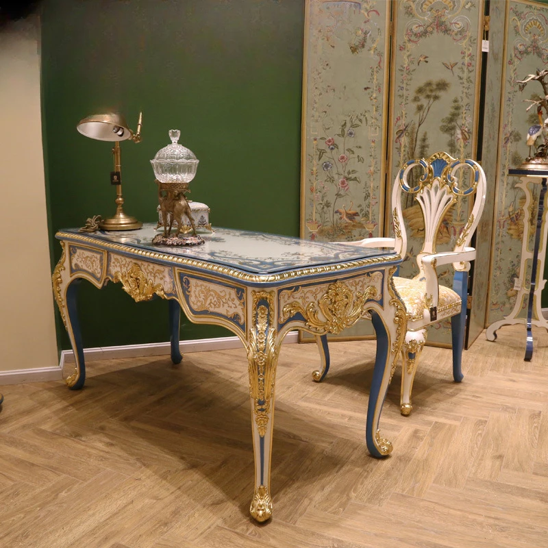 French court birch wood with gold foil carving, blue and white hand painted gold desk, chair, study set, combined furniture