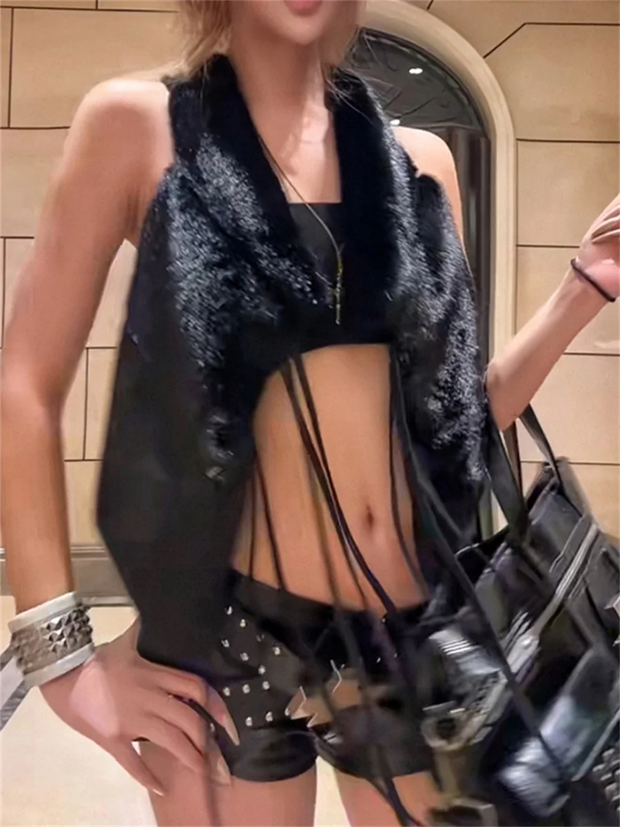 Weird Puss Irregular Furs Tank Top Women Fashion Classic Leather tassel Patchwork Sexy Y2K Hottie Music Festival Street Vest