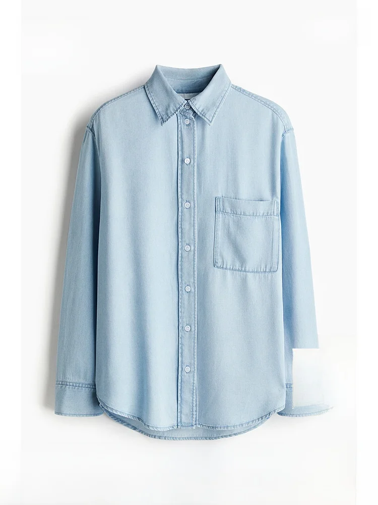 

H&M Women's Long Sve irt Loose Fit Casual Sle Button Detail Lenzing Lyocell Fabric Vintage Denim Collared Long irt