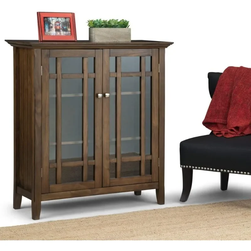 39-inch Wide Transitional Natural Aged Brown Medium Storage Cabinet with 2 Tempered Glass Doors and 4 Adjustable Shelves