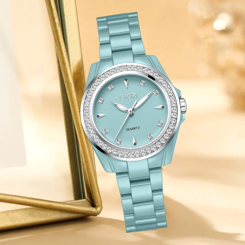 LIGE Elegant Luxury Woman Watch Fashion Simple Ceramics Business Waterproof Classic Diamond Quartz Women Watches Reloj Mujer New