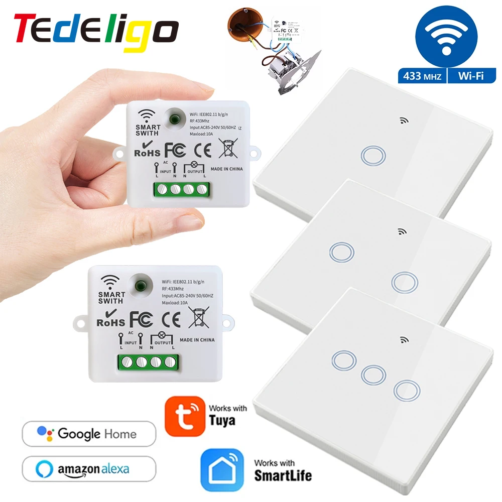 

Wifi Mini Wireless Smart Switch 220V 10A Relay And 433Mhz Remote Control On Off Button Wall Panel Work With Alexa Google Home