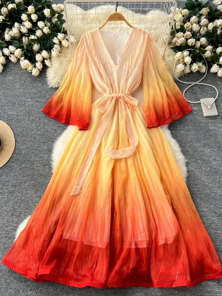 Women Elegant Party Dress Spring Summer Loose V-neck Flared Sleeves Straps Gradually Long Dresses Vintage Long Robe