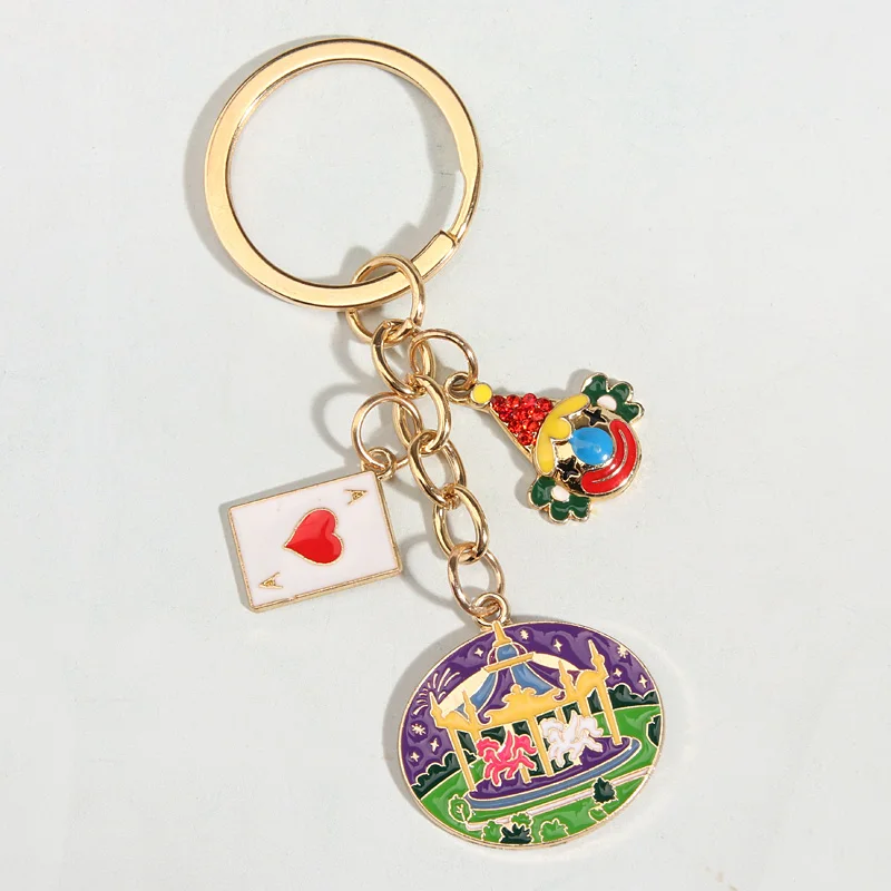 Cute Enamel Keychain Poker Clown Carousel Key Ring Playground Key Chains Souvenir Gifts For Women Men Car Keys Handmade Jewelry
