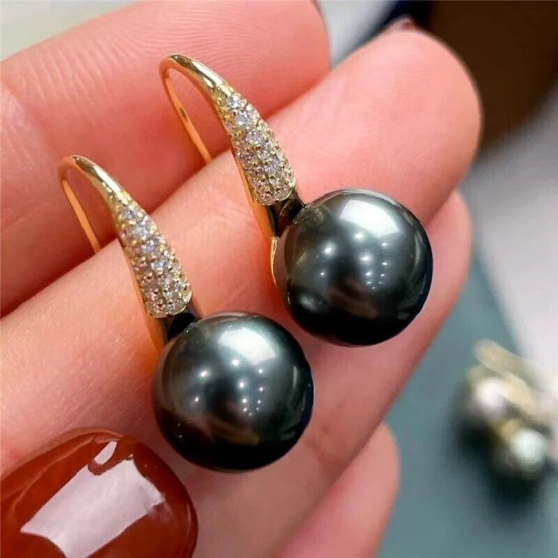 

high-grade AAAA++++ 9-10 mm Tahitian Round Golden Stud pearl earring 18Kp