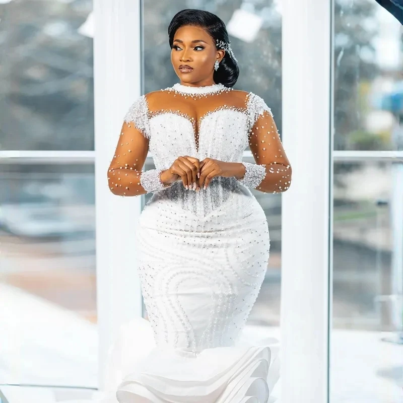 2025 Aso Ebi Trouwjurken Sheer Hals Illusion Lange Mouwen Tule Kant Tiered Zeemeermin Bruid Toga Afrikaanse Vestidos De Noiva