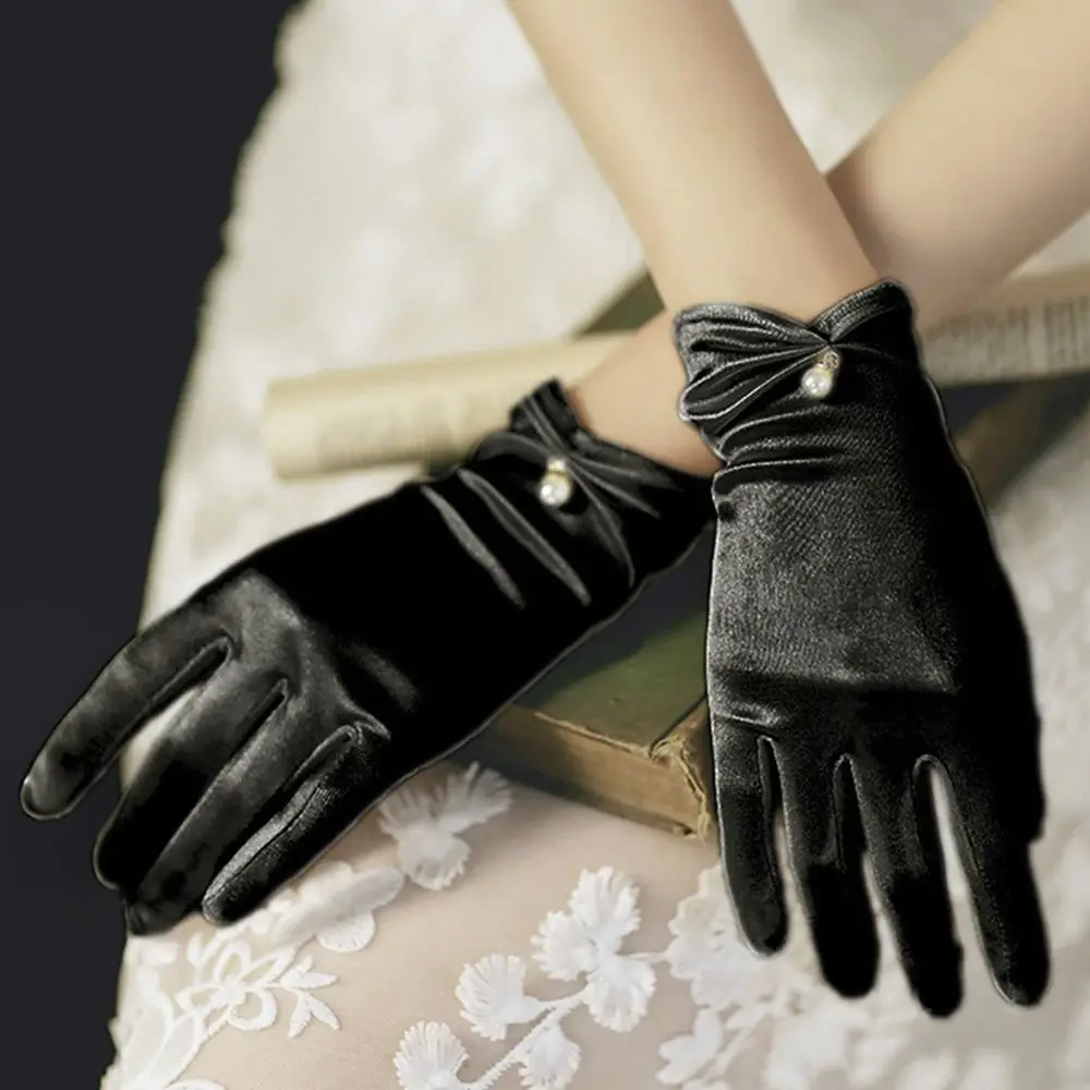 Fashion Women Wrist Length Gloves Sexy Elegant Pearl Bowknot Short Satin Stretch Gloves for Ladies Girls Hand Gloves Sunscreen