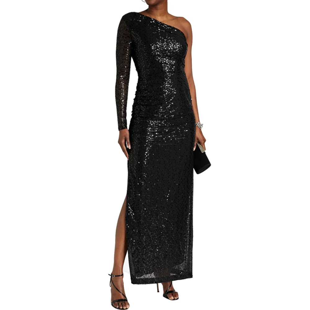 

Elegant Party Dress New Sequined Slit Long Sleeve Long Sequin Evening Dress Deep V-neck Cropped Sleeve Elegant Catwalk Evening