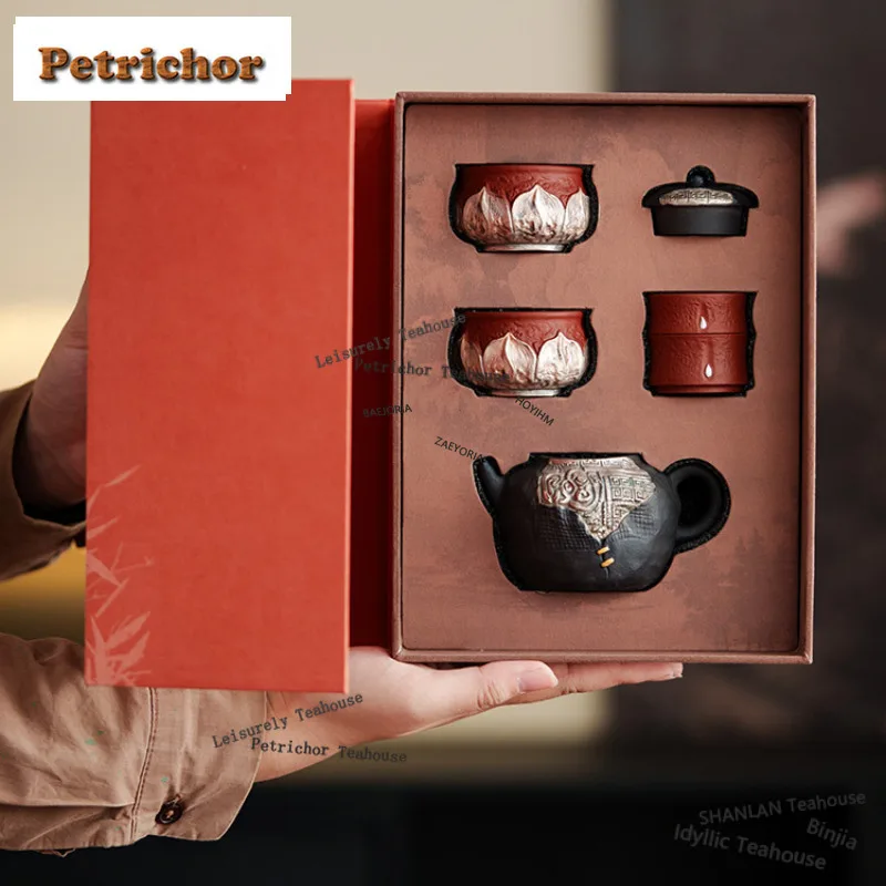 HOYIHM Purple Clay Gilt Silver Tea Set Complete Set Aesthetic Gaiwan Tea Ceremony Set Teapot And Tea Cup Set Tea Services