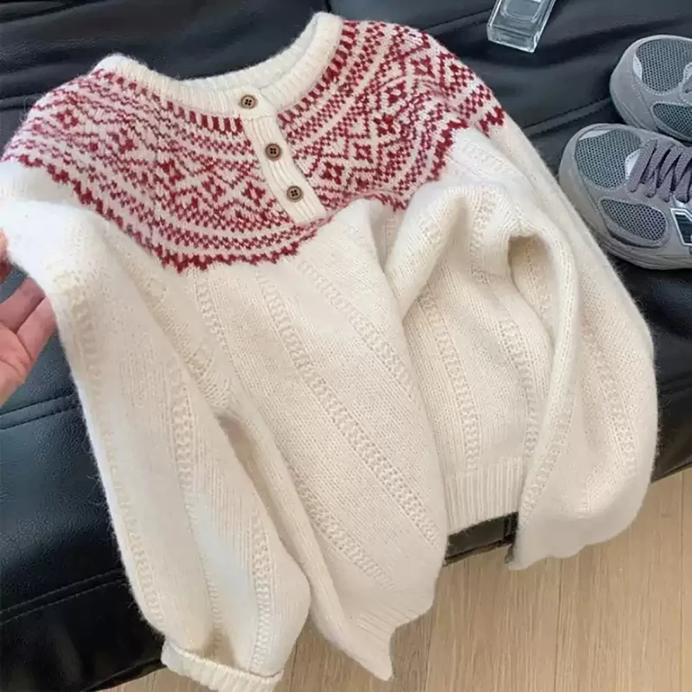 

Скандинавские винтажные пуловеры, женские осенне-зимние свободные вязаные топы с круглым вырезом и пуговицами контрастного цвета, теплый свитер для поездок на работу