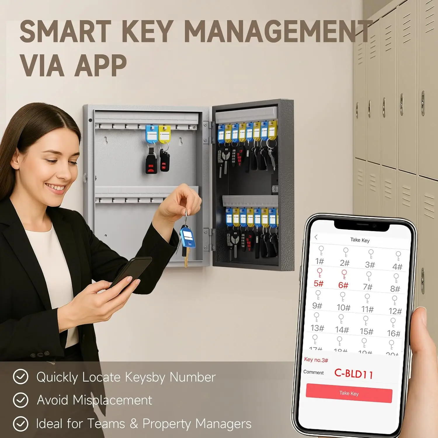 WeHere Remote authorization unlocking Smart Lock Box, 32 Keys Storage Cabinet Wall Mount,OTP/APP Bluetooth/WiFi/Code/Key Unlock