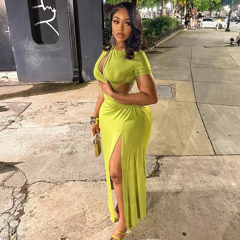 Elegantes weißes, figurbetontes Maxikleid für Frauen, Ausschnitt, O-Ausschnitt, hoher Schlitz, geraffte Taille, sexy Slim-Fit, Abend-Club-Outfit 2025,