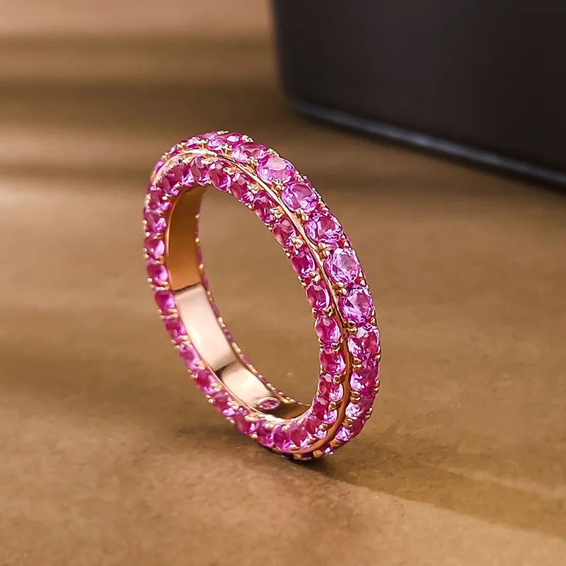 Hip Hop 3 Row Zircon Ring Rose Gold Plated 925 Sterling Silver pink Cubic Zirconia Eternity Band Ring Fine Jewelry