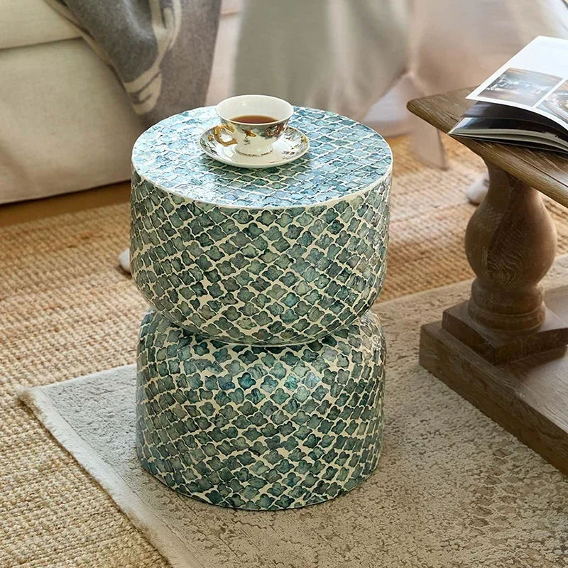 Mother of Pearl Inlay Cylinder Side Table, Luxury Shell Mosaic Round Stool, Nordic End Table for Living Room Bedroom Decor