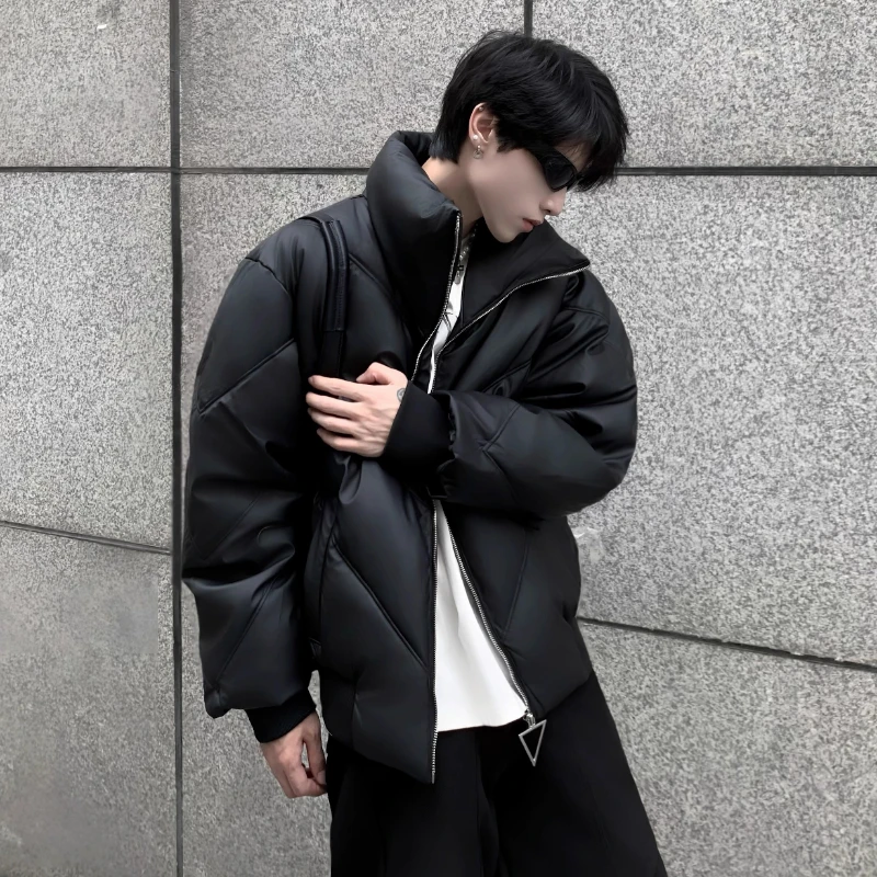 Fashion Stand Collar Thickened PU Leather Parkas Men 2025 Winter New Warm Padded High-end Parkas Long Sleeve Solid Color Coats