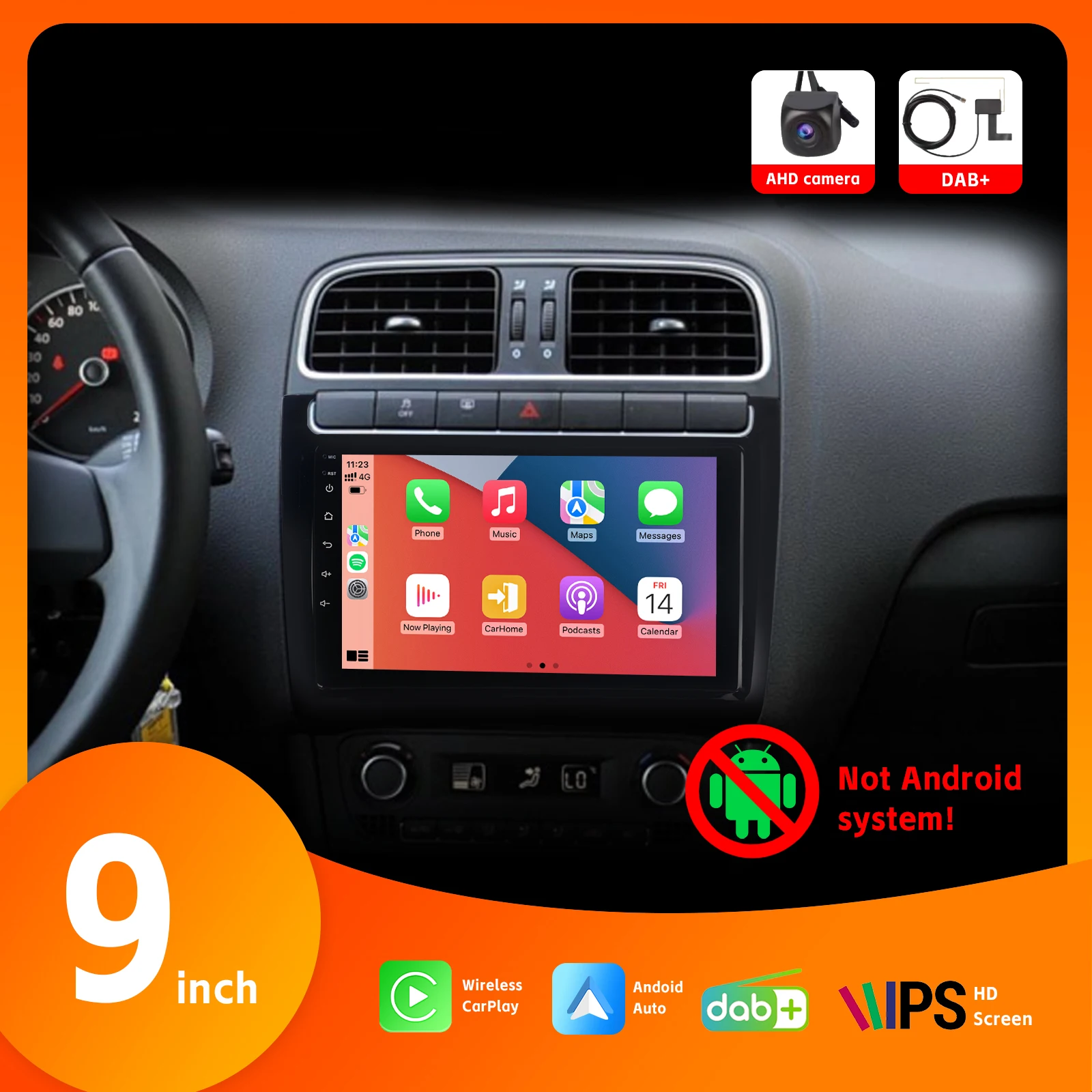 

Car Radio with Wireless Carplay Android Auto EQ for VW POLO 2011-2016 with 9" HD IPS Touch Screen BT DAB+ AHD Rear View Camera