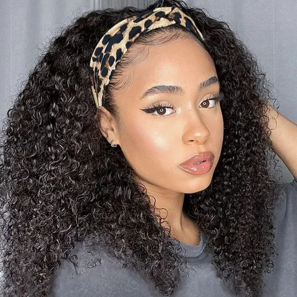 Kinky Curly Human Hair Headband Wig For Black Women 180% Density Glueless Brazilian Remy Jerry Curl Full Machine Made Hair