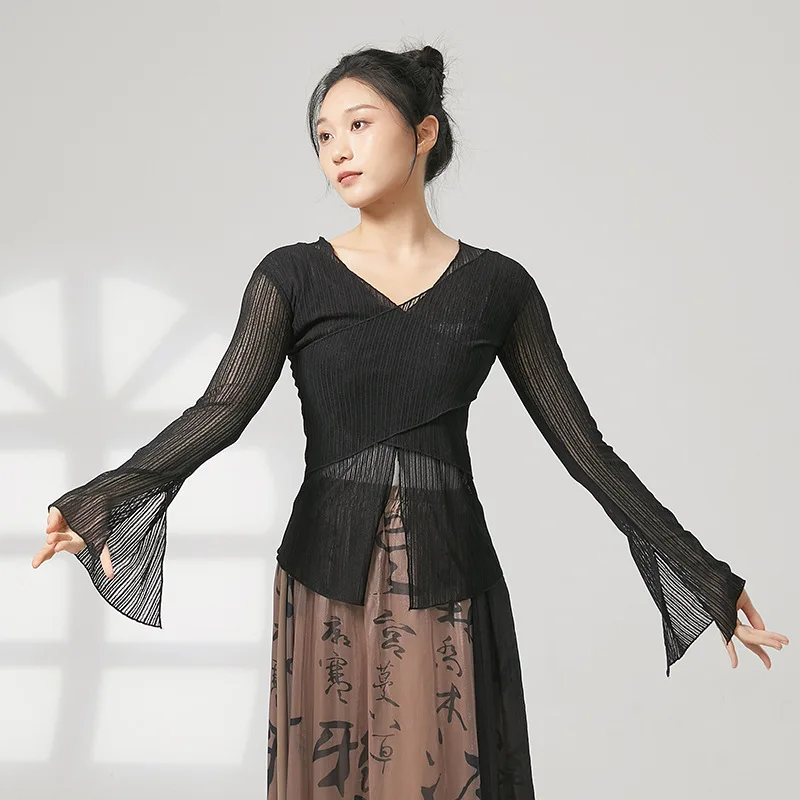Abbigliamento da danza classica, pratica del corpo, abbigliamento per rima del corpo, elegante camicia a rete, top a maniche lunghe, da donna