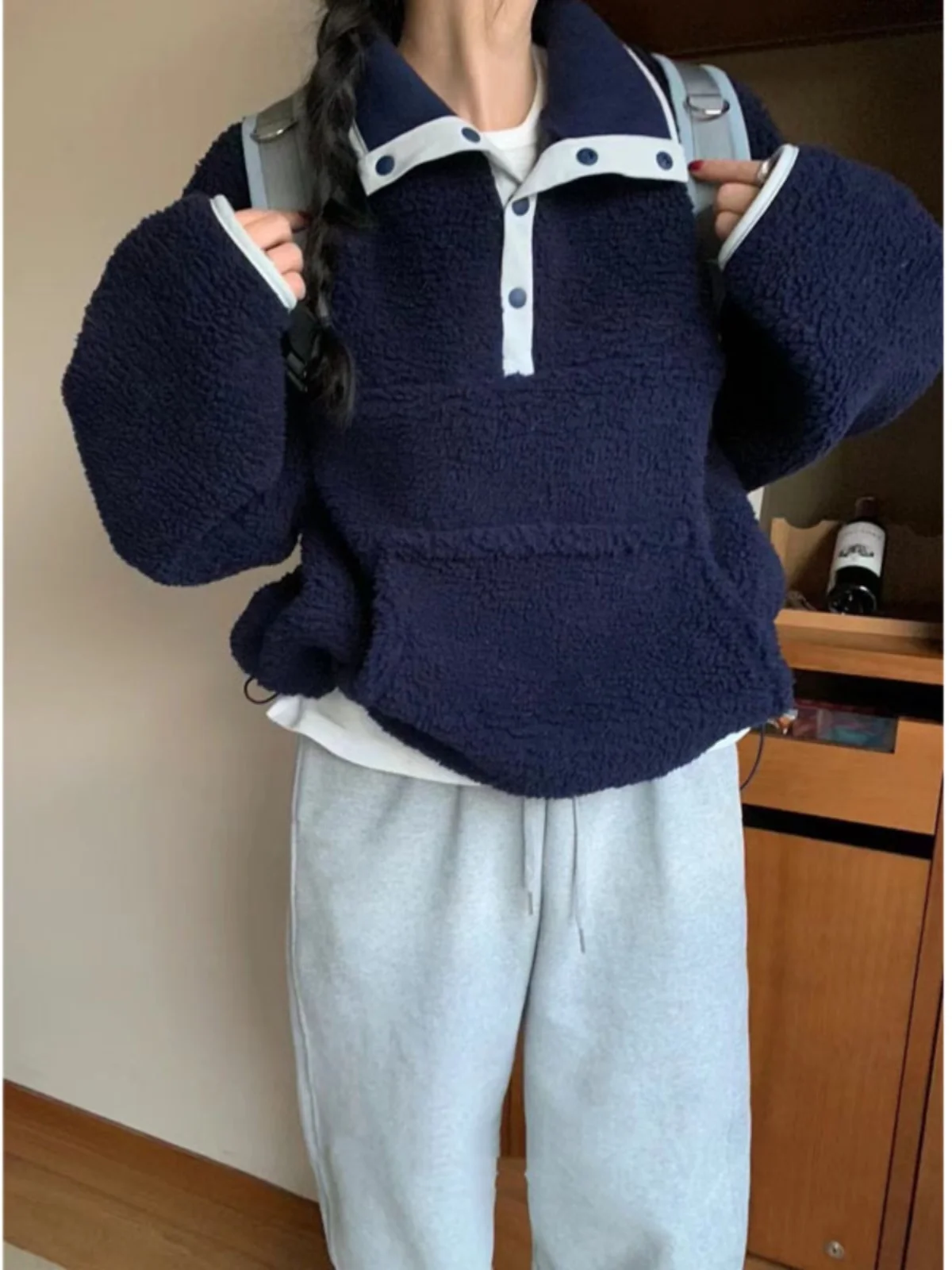 

Loose Fit Thiened Lamb Fur Sweatirt Women's k Blue Autumn Winter New Sle Korean Lazy Faion Versatile Top