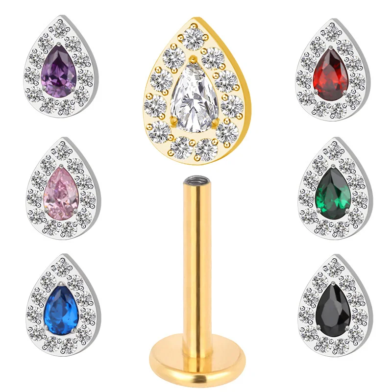 

G23 Titanium Ear PIERC Pear Shaped Earrings CZ Paved Top Cartilage Threaded Labret Lip Stud Tragus Unisex Body Piercing Jewelry