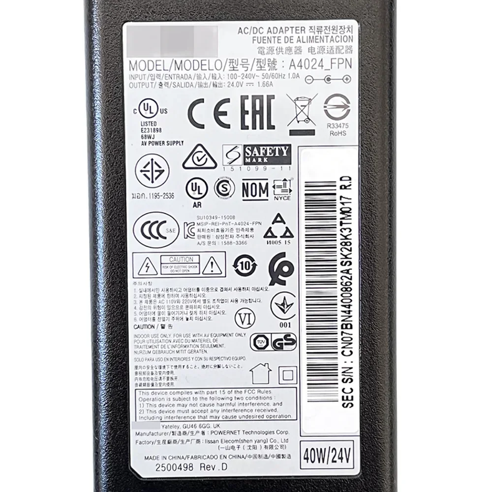 HW-M450อะแดปเตอร์ HW-K550 HW-M430 HW-M550 HW-N400 HW-N650 HW-K550สำหรับ ac/dc 24โวลต์1.66A 40วัตต์ BN44-00862A A4024_FPN