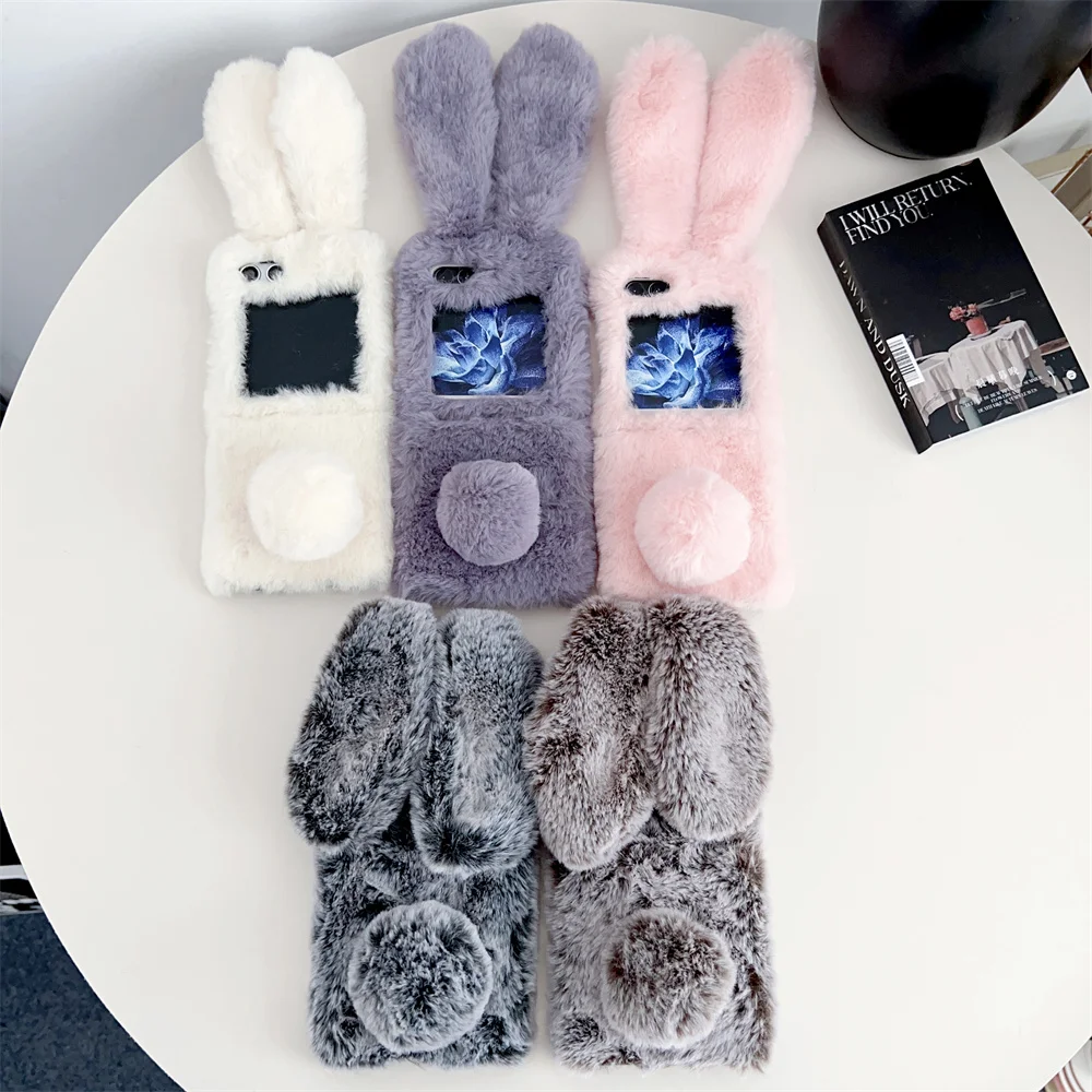 Korean Cute Fur Fluffy Rabbit Soft Case for Samsung Galaxy ZFlip 4 3 2 1 Zflip Flip4 Flip3 5g Women Girl Plush Cover Accessories