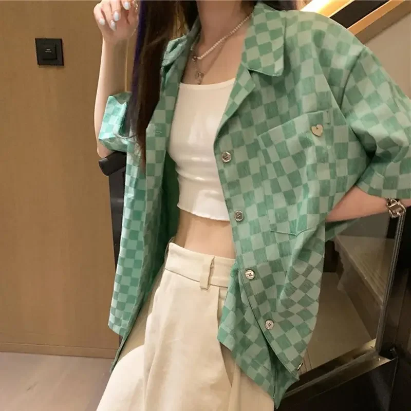 

EBAIHUI Green Plaid Shirt Korean Version Sweet Women's Short Sleeved Blouse Summer Hong Kong Style Causal Cardigan Blusas