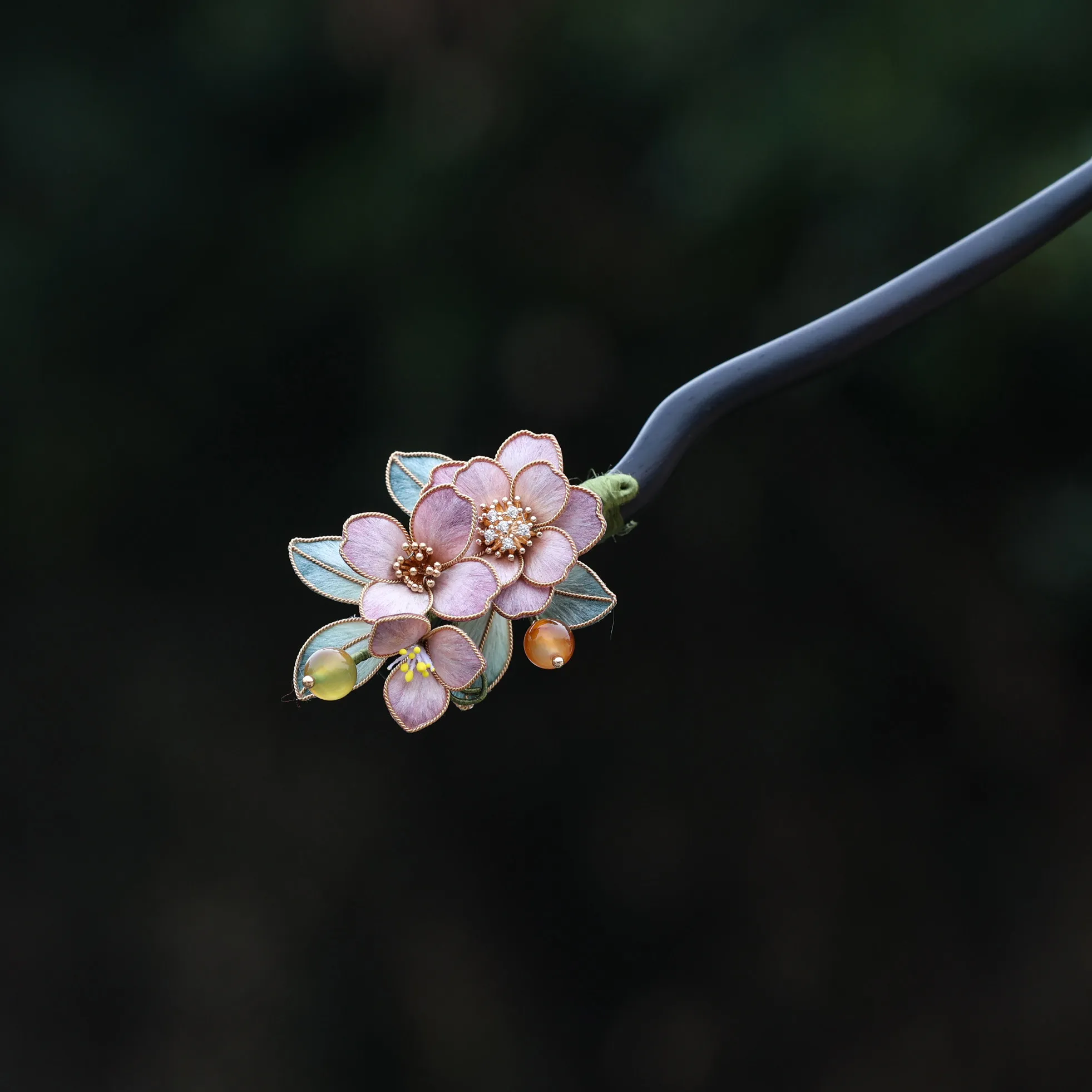 Handmade Intangible Heritage Filigree Velvet Cherry Blossom Hairpin, Sandalwood Exquisite Updo Accessory for Hanfu & Qipao