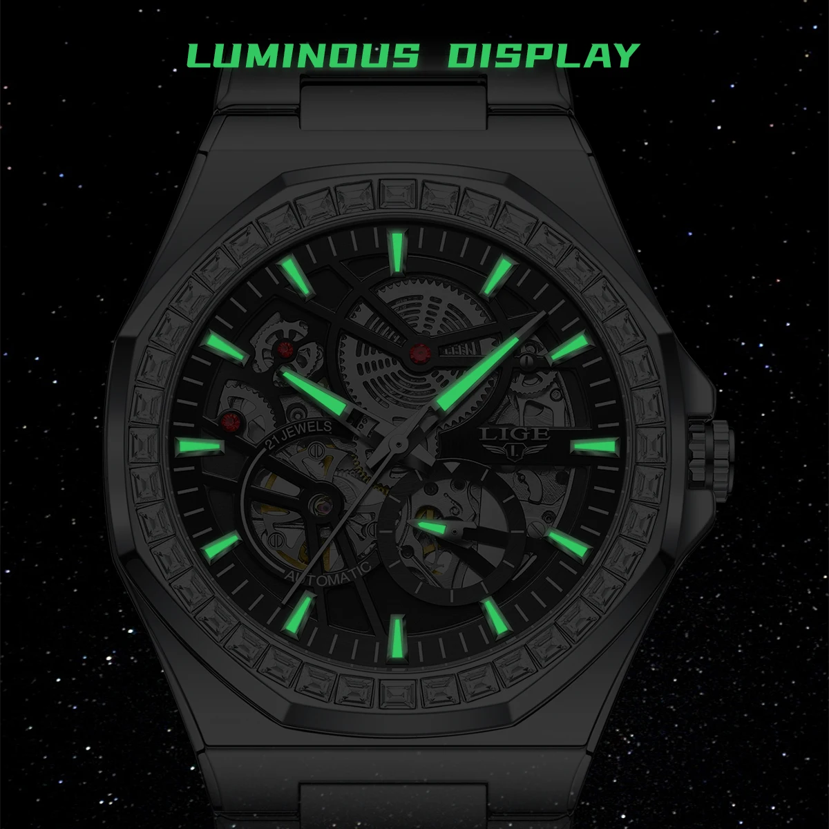 LIGE Men's Luxury Watch Band High-end Automatic Movement octagon Man Watch Stainless Steel Mechanical Skeleton Male WristWatch