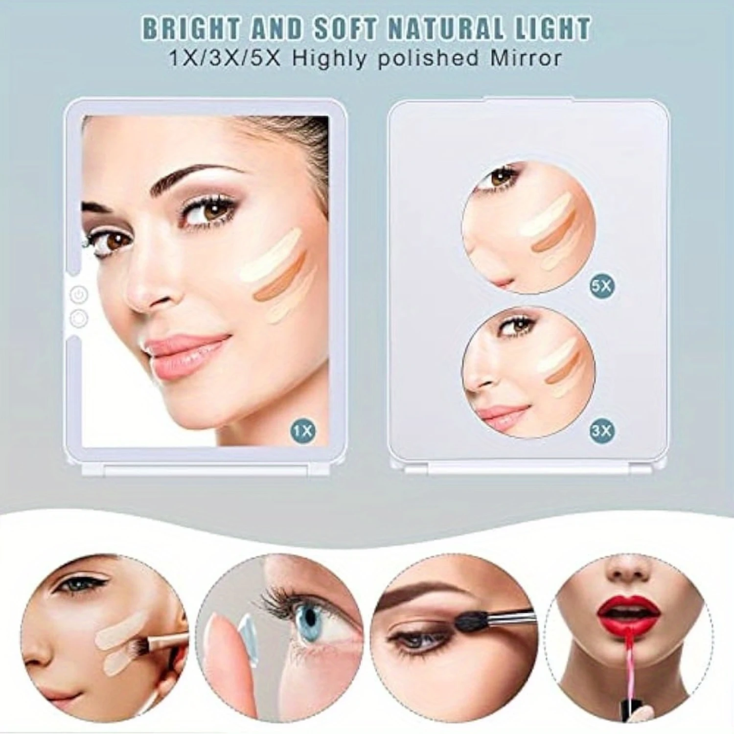Tragbarer faltbarer Schminkspiegel mit echten LED-Leuchten, 3-facher 5-facher Vergrößerung, kompakter und kleiner Kosmetikspiegel für den Schreibtisch