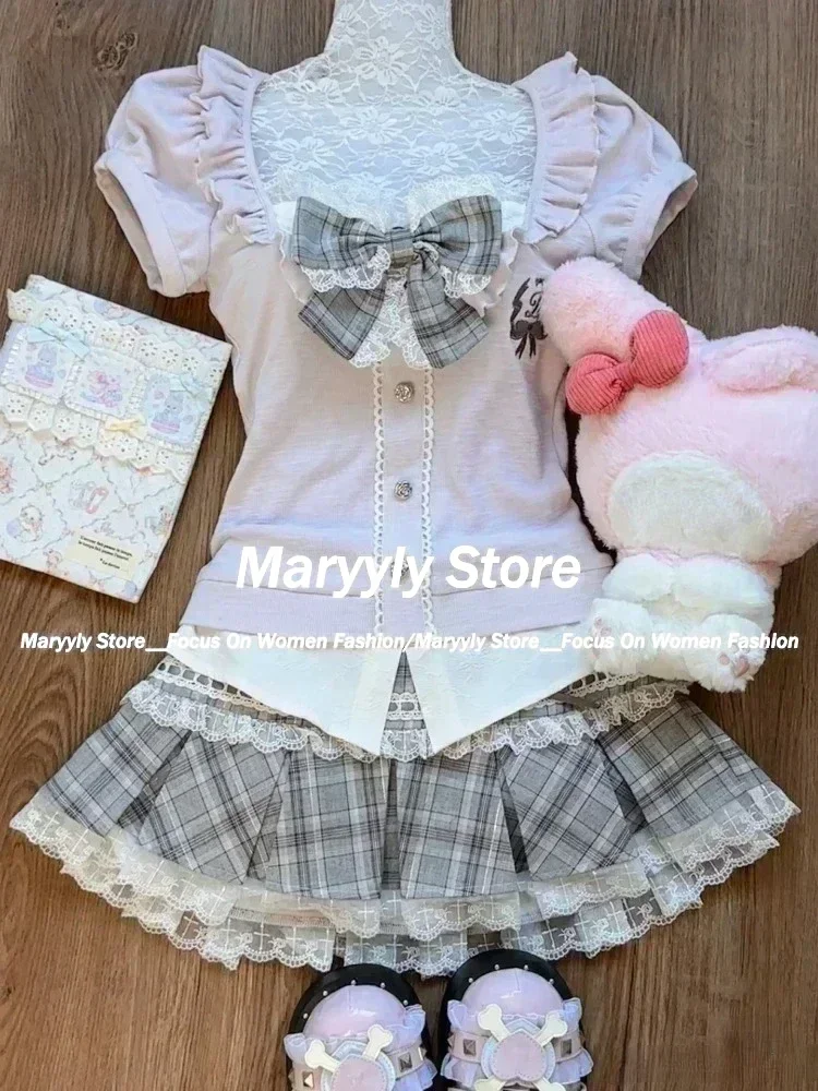 Japanese Sweet Preppy Style 2 Piece Set Women Kawaii Lace Patchwork Bow Tops + Y2k Plaid Mini Skirt Elegant Fashion Outifits New