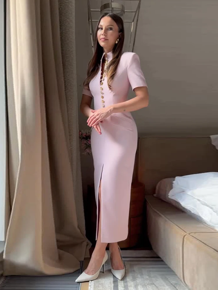 Tief Ausgeschnittenes Kurzarm-Kleid mit Taillenschnürung Langes Damenkleid Sexy Einreihiges Einfarbiges Schlankes Party-Abendkleid Schickes Damenkleid Vestido – Detail 14