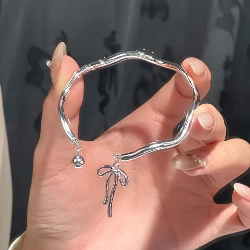 جديد عصري فضي اللون Bowknot سوار للنساء لطيف رومانسية كرة مستديرة قابل للتعديل الكفة سوار مجوهرات هدية عيد ميلاد #5